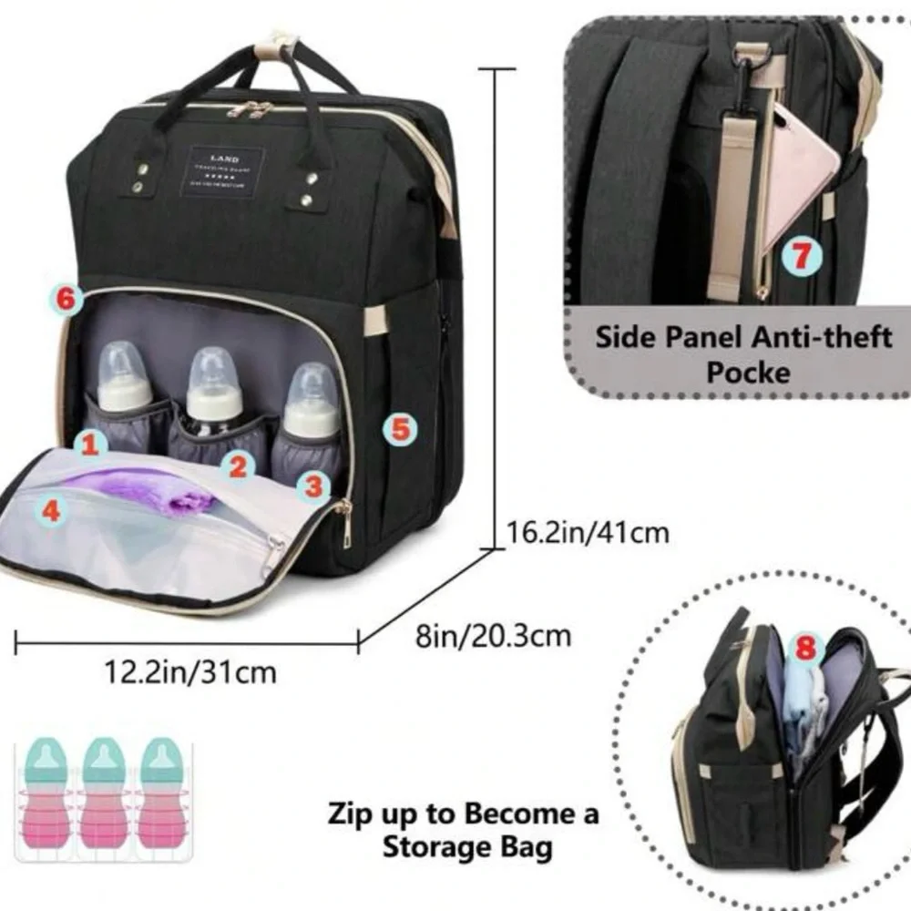 GPED Black Diaper Bag Backpackw/ USB Port & Changing Pad - Brand New